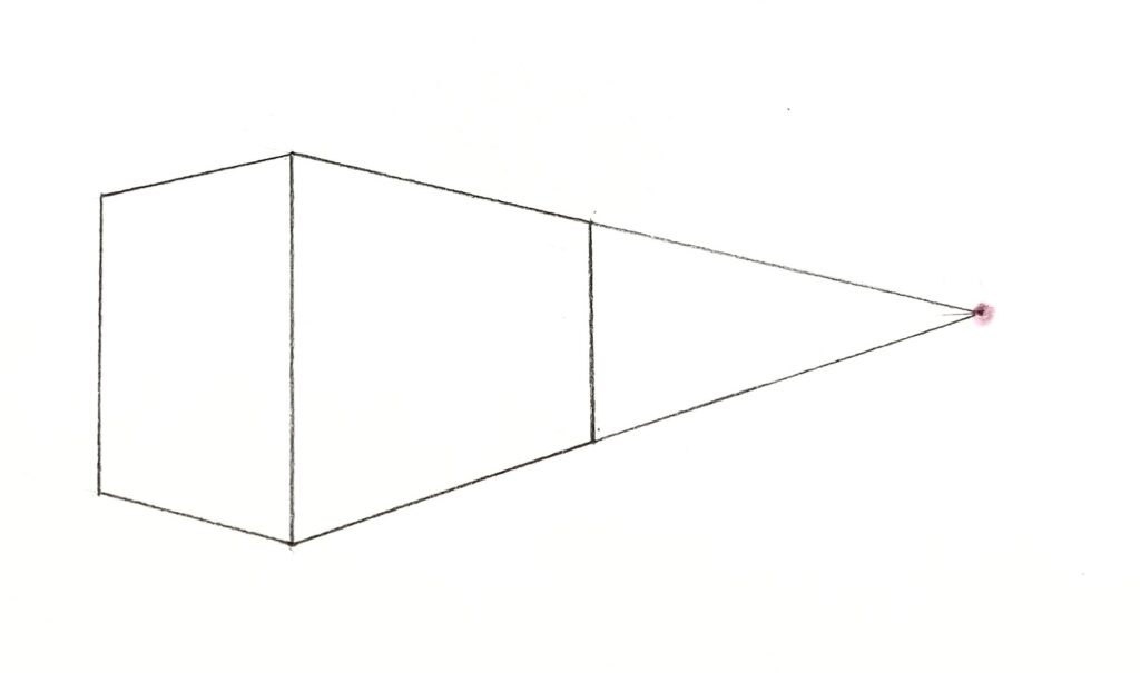箱の右側の側面の上下2辺をそのまま伸ばしていくと、消失点がある